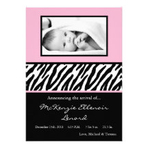 12x18 schwarze Ligh rosa Zebra FOTO Geburts-Mittei Individuelle Ankündigung