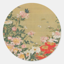 1. 芍薬群蝶図, fleur de 若冲 et papillon, Jakuchu Autocollant