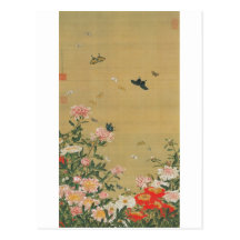 1. 芍薬群蝶図, fleur de 若冲 et papillon, Jakuchu Cartes Postales
