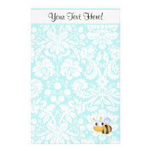 Abeille mignonne ; Motif turquoise de damassé Papiers À Lettres
