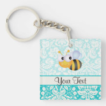 Abeille mignonne ; Motif turquoise de damassé Porteclés