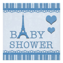 Baby shower bleu mignon de Tour Eiffel et de coeur Invitations Personnalisables