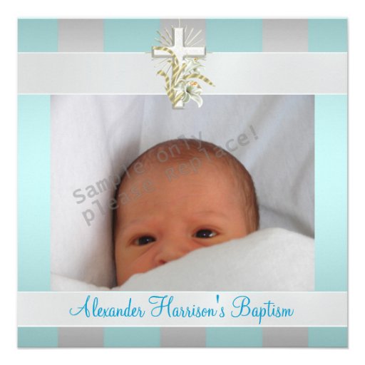 Baptême blanc bleu de baptême de croix de photo de invitation personnalisable