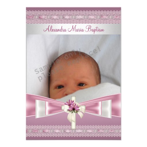 Baptême blanc rose de baptême de croix de photo invitations