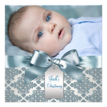 Baptême bleu turquoise de photo de bébé de damassé invitations personnalisées