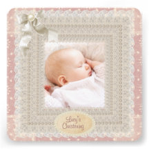 Baptême rose de photo de dentelle de rose de fille cartons d'invitation
