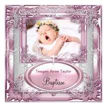 Blanc rose de croix de baptême de baptême de bébé invitations