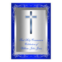 Bleu royal argenté de première sainte communion de invitations personnalisées