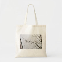 Branche d'arbre sans feuille contre le ciel nuageu sacs en toile