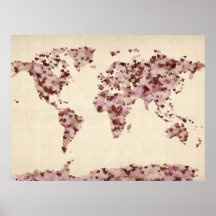 Carte de coeurs d'amour de la carte du monde poster