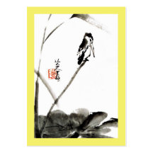 Chinesische Watercolormalerei, Vogel und Lotos-Blä Visitenkarten Vorlage