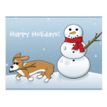 Corgi stiehlt den Arm des Schneemanns Postkarten