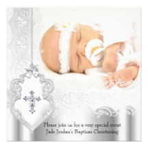 Croix blanche de photo de dentelle d'argent de bap invitations personnalisées