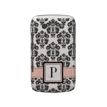 Damassé rose et noire Blackberry décoré d'un monog Coques Blackberry Bold