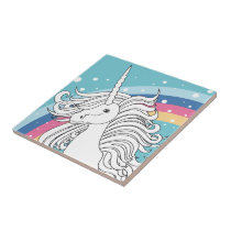 Einhorn umgeben durch Regenbogen und Punkte blau fliesen