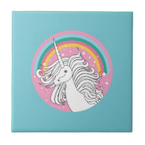 Einhorn umgeben durch Regenbogen und Punkte blau fliesen