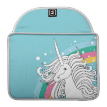 Einhorn umgeben durch Regenbogen und Punkte blau macbook sleeves