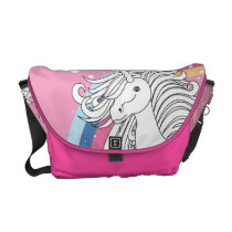 Einhorn umgeben durch Regenbogen- und Punktrosa kuriertaschen