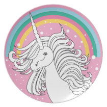 Einhorn umgeben durch Regenbogen- und Punktrosa teller