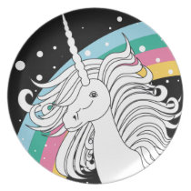 Einhorn umgeben durch Regenbogen- und Punktschwarz teller