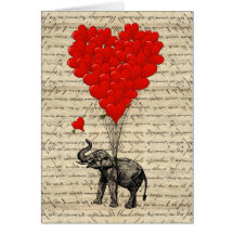 Éléphant et ballons en forme de coeur carte de vœux