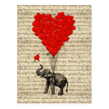 Éléphant et ballons en forme de coeur cartes postales