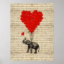 Éléphant et ballons en forme de coeur posters