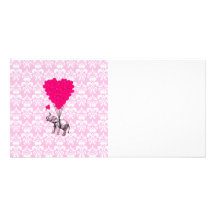 Éléphant mignon drôle et damassé rose cartes de vœux avec photo