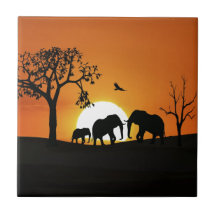 Éléphants au coucher du soleil carreau