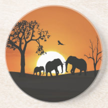 Éléphants au coucher du soleil dessous de verre