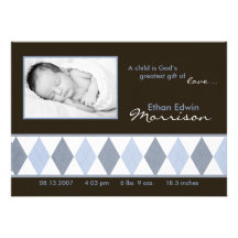 faire-part de naissance à motifs de losanges bleu 