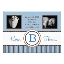 faire-part de naissance rayé bleu de photo du bébé