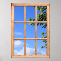 Feuille vert et vue de ciel d'été d'une fenêtre posters