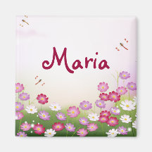 Fleurs roses mignonnes, libellules aimants