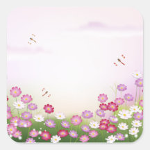 Fleurs roses mignonnes, libellules autocollants carrés