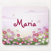 Fleurs roses mignonnes, libellules tapis de souris