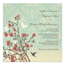 Fleurs vintages, oiseau + invitation de mariage da