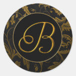 Gold des Monogramm-B und schwarzes Damast-Hochzeit Sticker