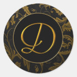 Gold des Monogramm-D und schwarzes Damast-Hochzeit Runder Sticker