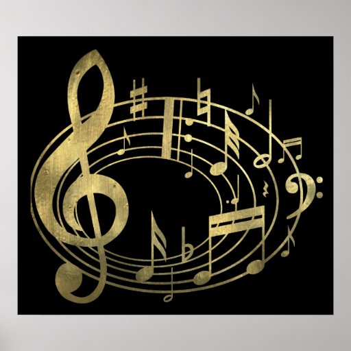 Goldene musikalische Anmerkungen in der ovalen For Posterdrucke