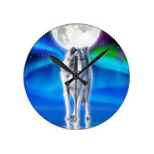 Grauer Wolf-u. Aurora-Mond-Tier-Kunst-Uhr