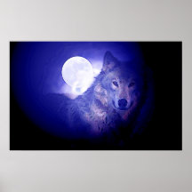Grauer Wolf-u. Mond-Plakat-Druck - blaue Nachtwölf