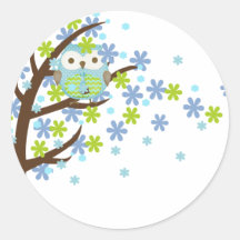 Hibou venteux bleu d'arbre adhésif rond