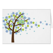 Hibou venteux bleu d'arbre carte de vœux