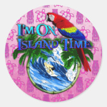 Island Time Surfing Pink Tiki Round Stickers