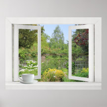 Jardin muré - fenêtre ouverte sur des fleurs et de affiches