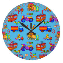 Jouets - camions et trains rouges d'orange horloge murale