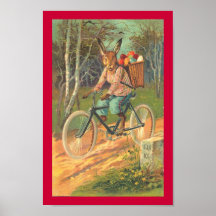 Lapin sur sa bicyclette livrant l'affiche d'oeufs
