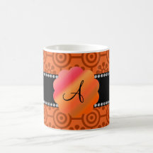 Monogram orange retro flowers and circles mugs