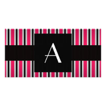 Monogram Pink and black stripes Photo Greeting Card